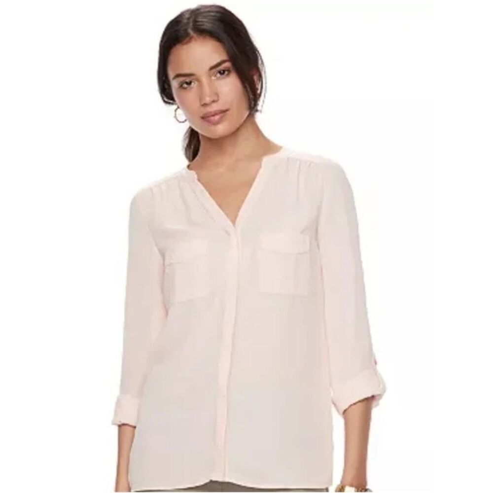 Anthropologie Lush Light Tan V-Neck Two-Pocket Blouse